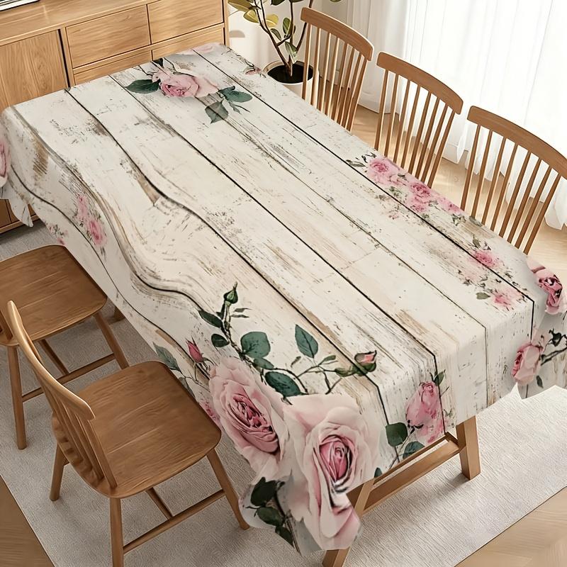 Round Vintage Rose Garden Tablecloth Suitable for Wedding Reception & Dining Decor - Soft Pink Roses & Green Foliage on Weathered White Wood, Durable