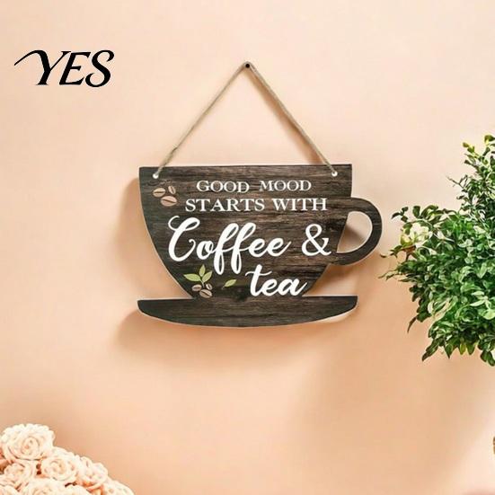 Coffee Station Decorations for Home Wooden Bar Signs, Rustic Themed Hanging Sign, Cup Handcrafted Wood Sign Shape & Round Plaque Farmhouse Kitchen