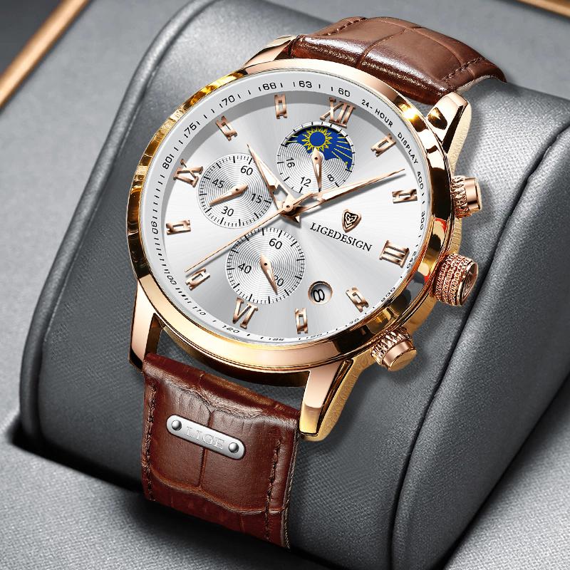 LIGE Men Watch Luxury Moon Phase Chronograph Quartz Wristwatch Business Male Clock 30M Waterproof Luminous Calendar Reloj Hommes