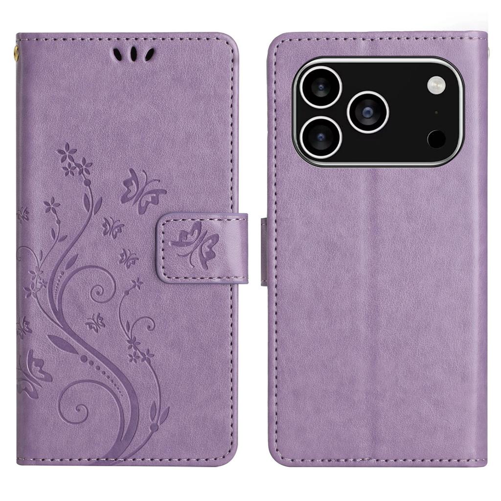 For iPhone 17 Pro Leather Wallet Case Butterfly Flower Imprinted Phone Cover with Strap