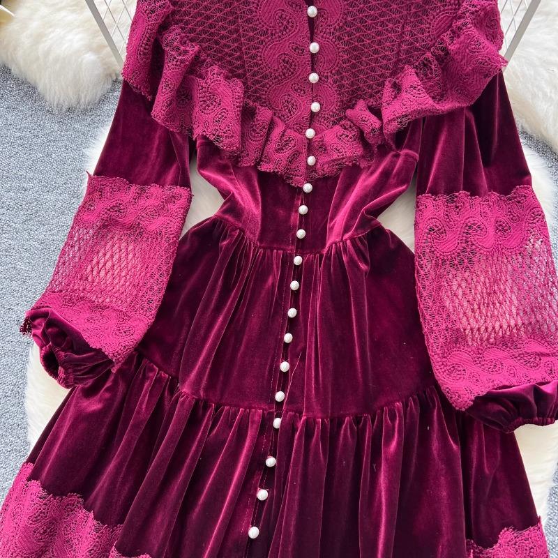 Платья High Street Женские ретро кружевные пэчворк золотые бархатные платья с французской жемчужной пряжкой длиной до талии винтажные шикарные платья