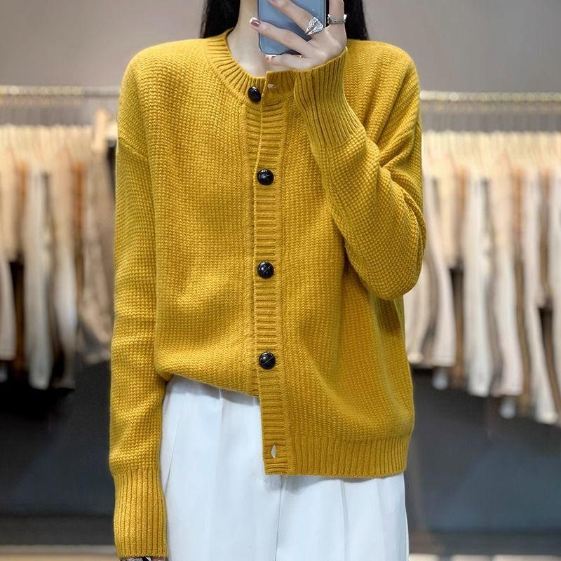 Кардиган, свитер, осень 2023, кардиган с круглым вырезом, пальто, женский однотонный свитер с длинными рукавами, универсальный корейский свитер с накладками, женский