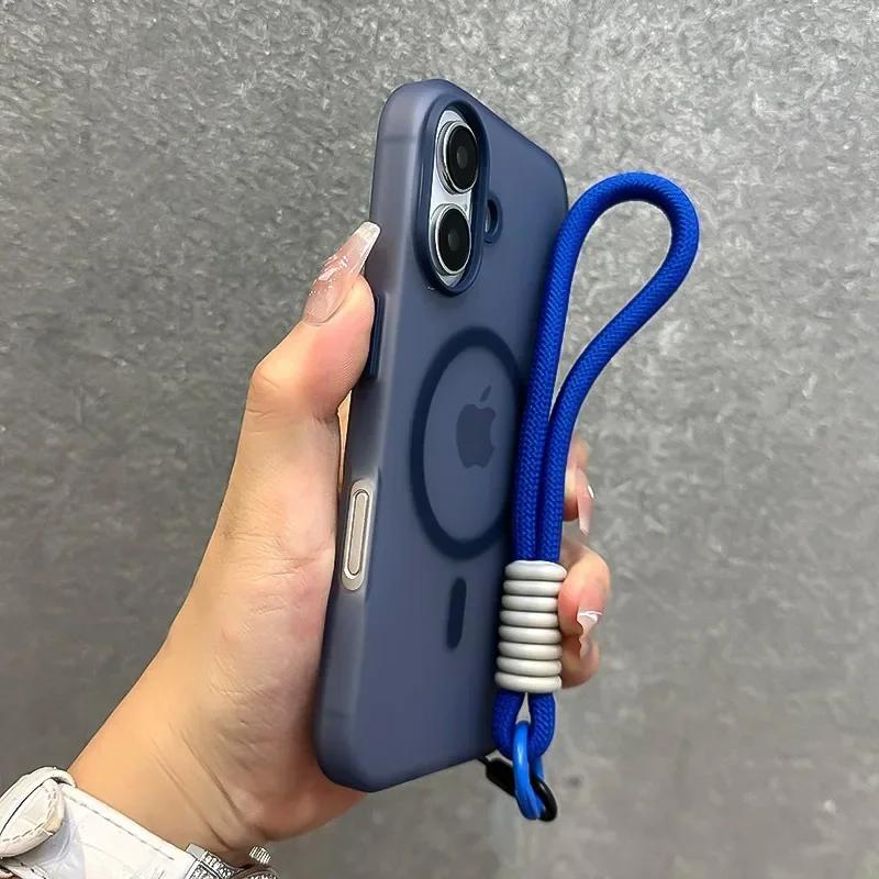 for Magsafe Candy Contrast Lanyard Case for iPhone 16 15 14 11 12 13 Pro Max Plus 16e Hand Wrist Strap Matte Soft Cover
