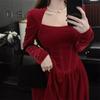 Women Dress Square Neck Pleated A-line Long Sleeves Pleated Slim Waist Velvet Mini Dress Prom Banquet Party Short Dress Fall Spring Princess Dress