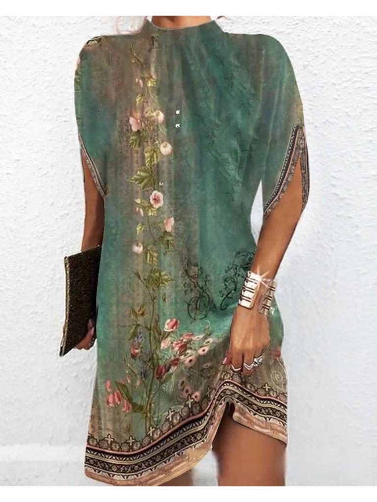 Round Neck Print Flower Dress Waist Hugging  Elegant Pleated Dress for Women Short Sleeve Loose Dresses Causal Dress