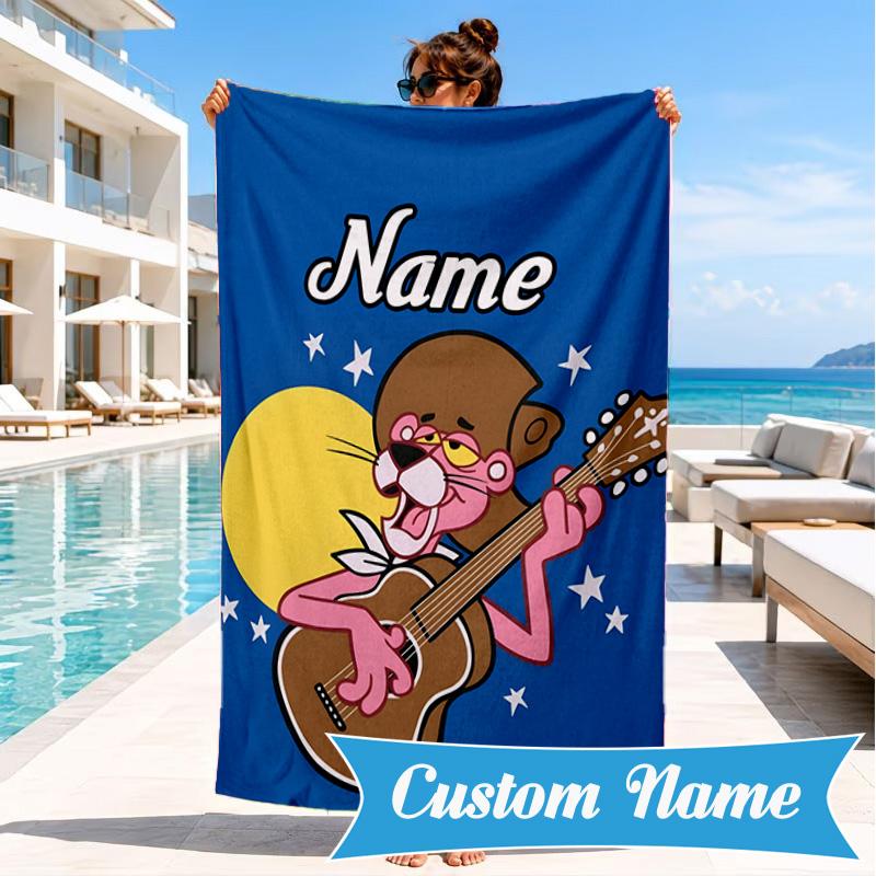Custom Name Panther Heart In Space Adventure Microfiber Beach Towel, Lightweight for Summer Travel, Swimming Pool Fan Gift