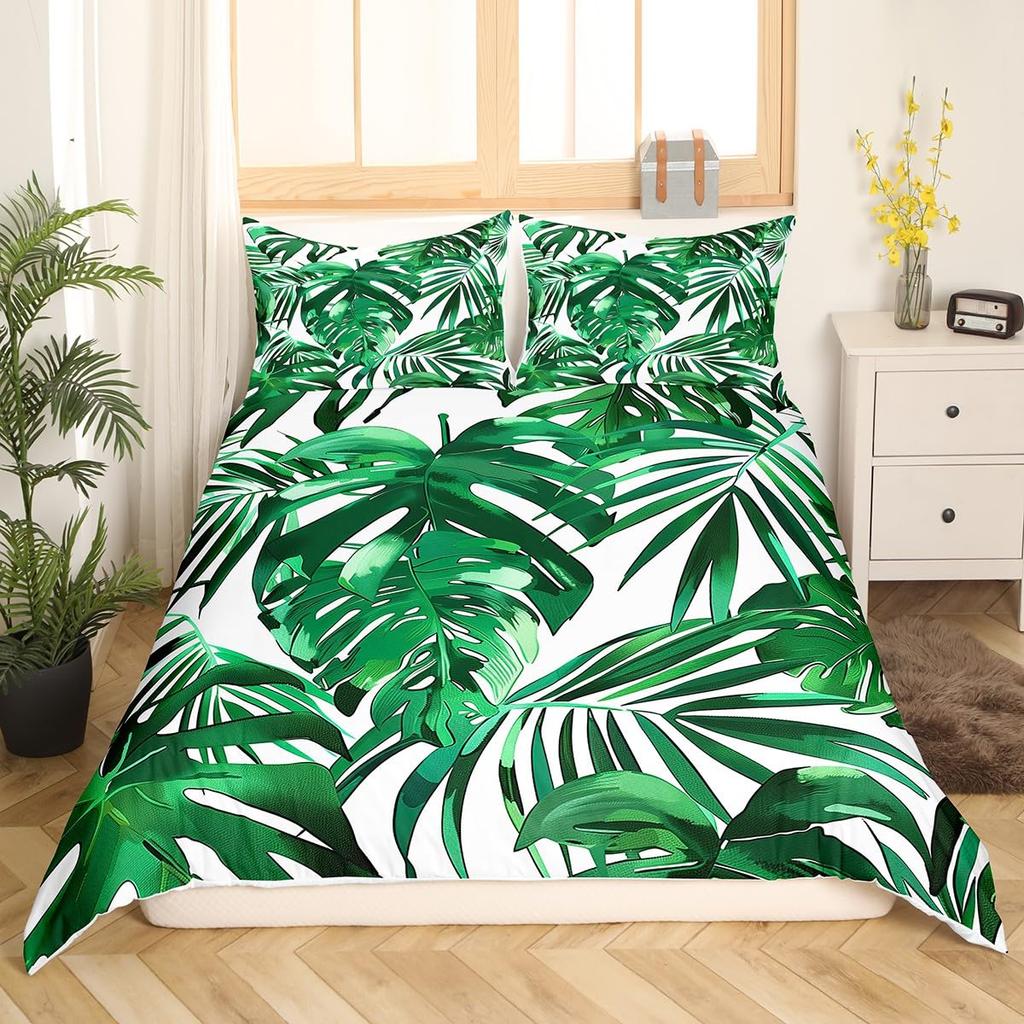 Palm Leaves Duvet Cover Monstera Leaf Comforter Covers Tropical Green Leaves Bedding Set White Marble Quilt Cover For Men Women