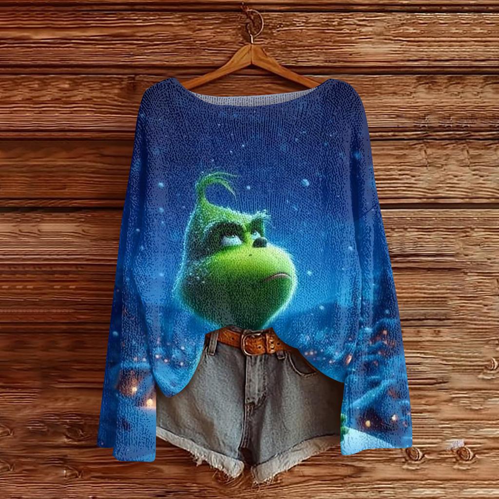 Women's Fashion Round Neck Long Sleeve Christmas Print Casual Knit Pullover Top