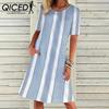 Женское платье весна-лето в полоску с градиентным принтом, карманом, круглым вырезом и короткими рукавами