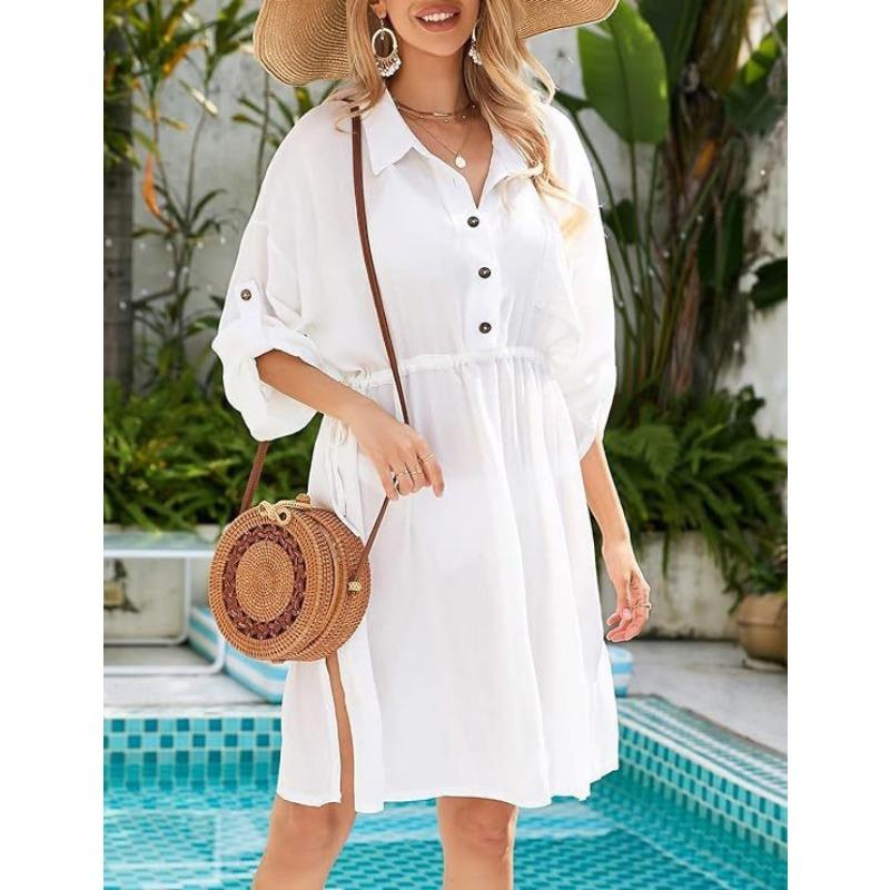 Women's Summer Solid Color Lace-up Waist Pocket Dress Beach Smock Dress