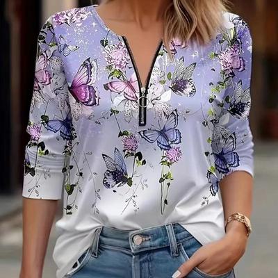 Женские футболки с длинным рукавом и принтом осенних роз и бабочек, свободные футболки больших размеров с V-образным вырезом, удобные блузки