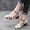 Retro Ethnic Sandals Women Genuine Leather Thick Heel Soft Sole Wrapped Toe  Anti-skid Hollow Middle-aged Mother Shoes Middle Heel Hole Shoes