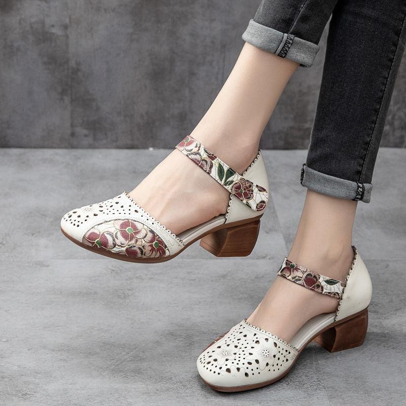 Retro Ethnic Sandals Women Genuine Leather Thick Heel Soft Sole Wrapped Toe Anti-skid Hollow Middle-aged Mother Shoes Middle Heel Hole Shoes