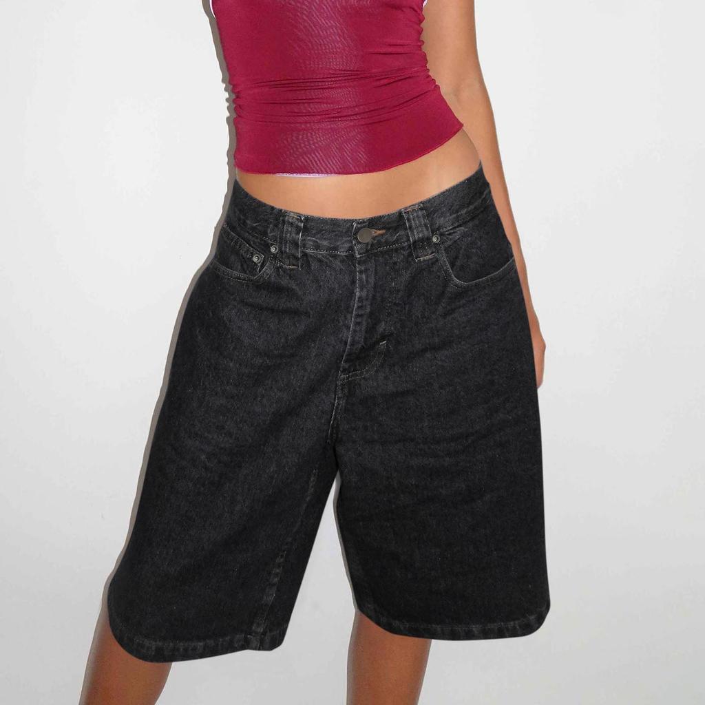 Women Jean High Waisted Trendy Patch Pockets Casual Summer Button Fly Denim Knee Length