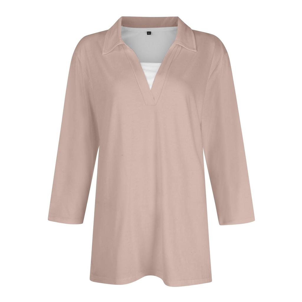 Женская модная повседневная свободная однотонная футболка с рукавом 3/4 с лацканами, женский топ