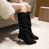 Pleated Women Knee-High Boots Fashion Pointed Toe Shoes Autumn Winter High Heel Ladies Sexy Long Booties Women Boots
