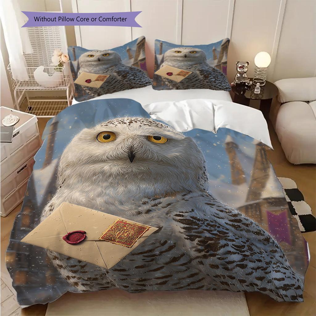 Snowy Owl Pattern Bedding Quilt Set Quilt Cover Pillowcase Home Decoration Birthday Gift (1 * duvet cover + 2 * pillowcase, without core)