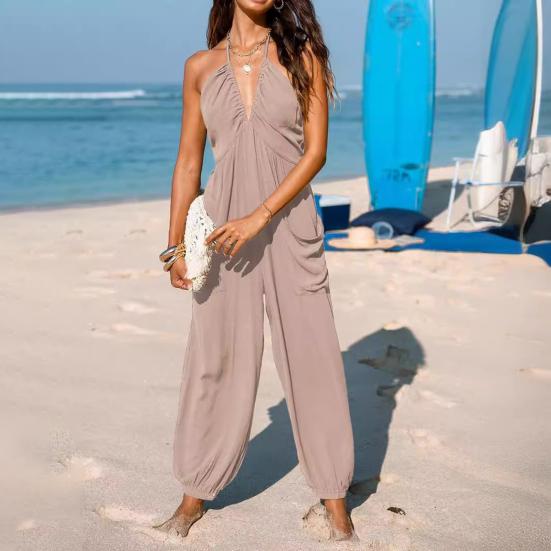 Женский комбинезон макси с плиссировкой, глубоким V-образным вырезом, цельный, длинные брюки для бега с карманами, повседневный пляжный комбинезон без рукавов