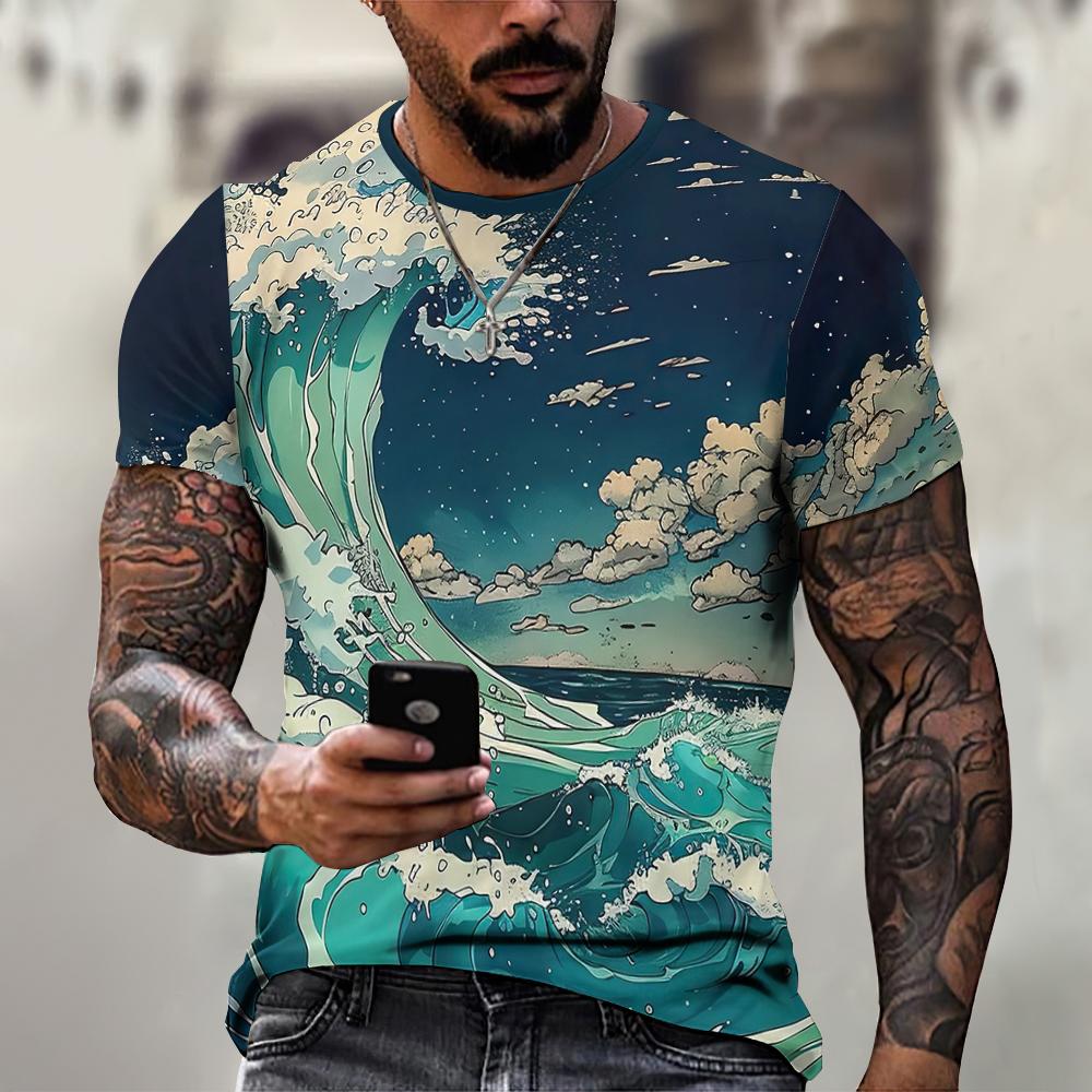 Men's T-Shirt Japanese Style Ukiyo-e Graphic 3D Printed T-Shirt Casual Short Sleeved Tee Outdoor Oversized Men Clothing Tops New