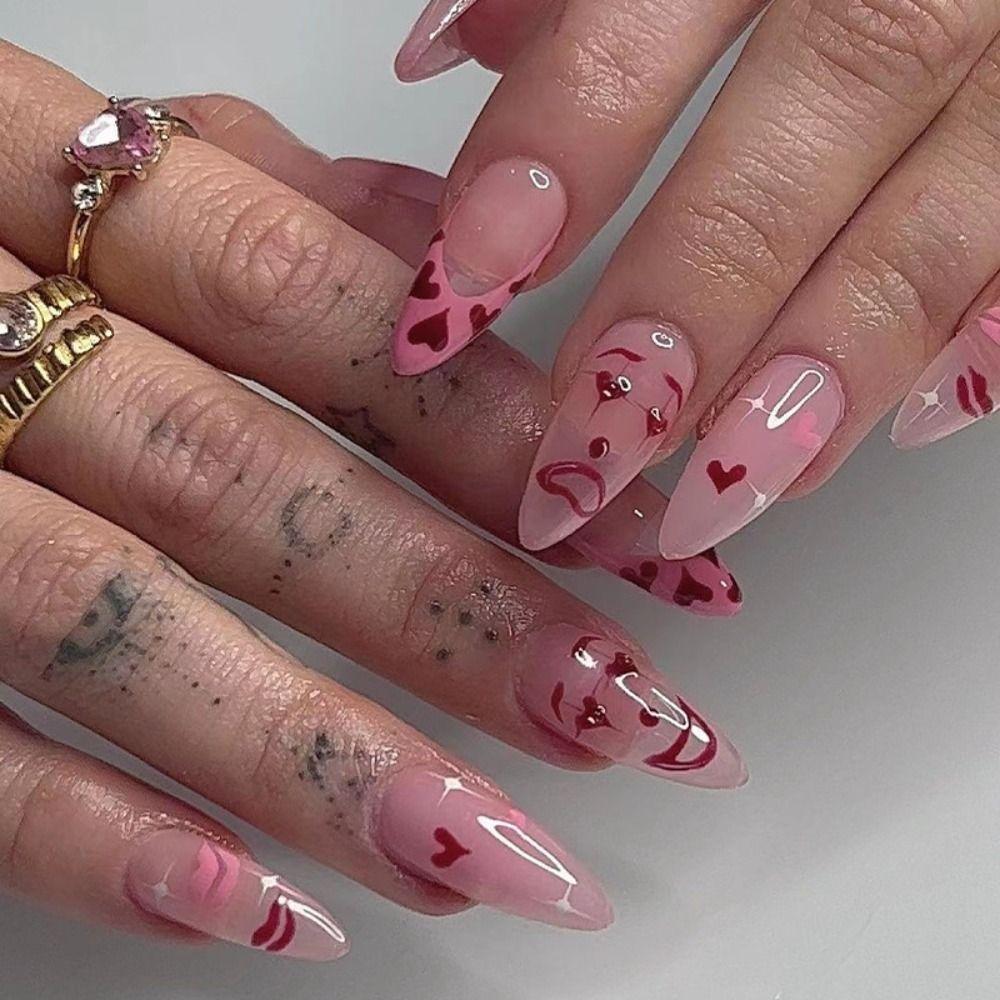 24pcs Manicure Diy Lines Moon Stars Press On Nails Blue Flowers French Eyes Long Almond False Nails