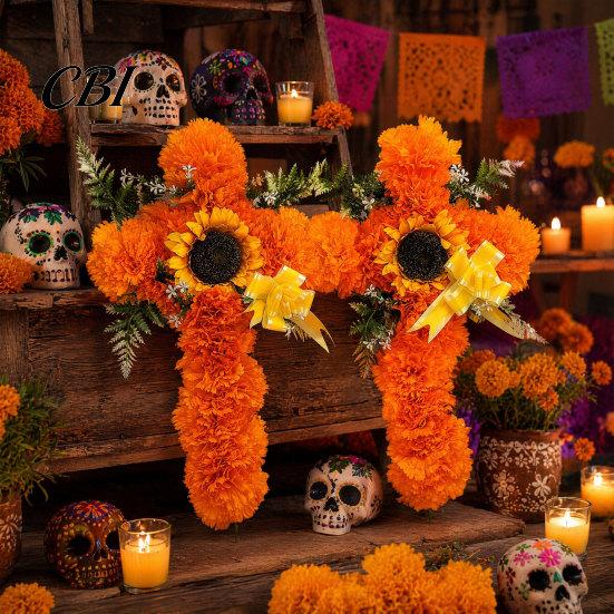 Marigold And Sunflower Bouquet 2Pcs Dia De Los Muertos Artificial Flower, Cross Wall Decor for Day Tabletop Flowers of The Dead Halloween Easter