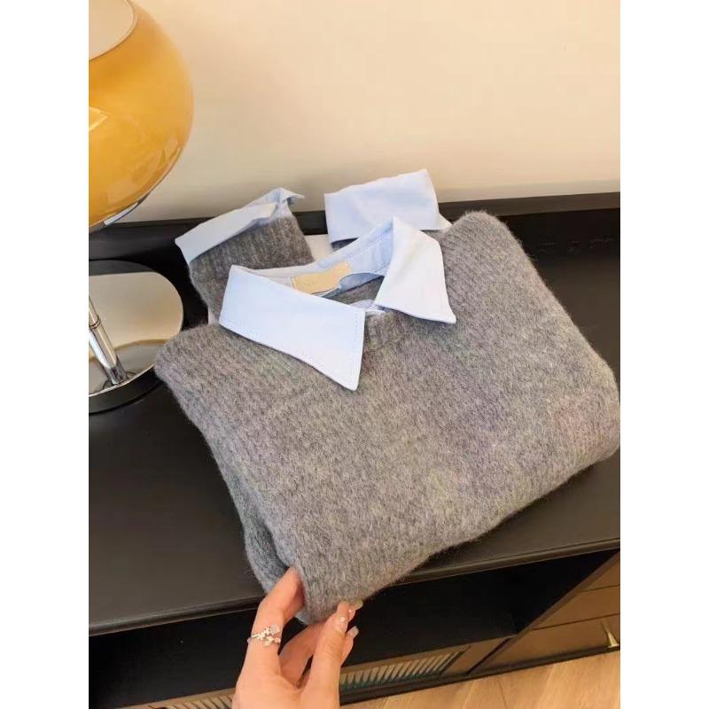 Поддельный двухсекционный свитер с воротником-рубашкой, женский, осень-зима, новый внутренний слой, ленивый стиль, контрастный лацкан, серый топ