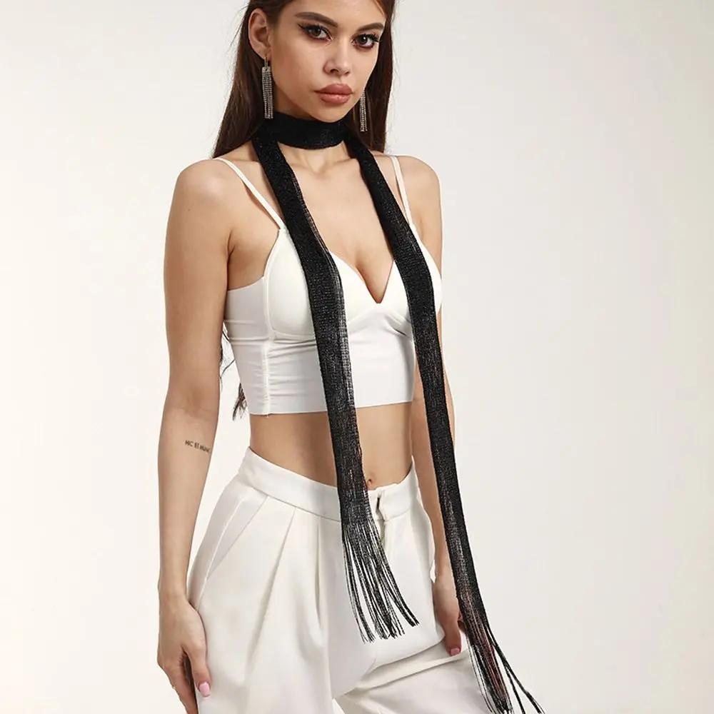 Модный кружевной шарф с кисточками, тонкий, длинный, блестящий, яркий, шелковый, солнцезащитный платок, блестящее кружевное ожерелье для женщин, шарф для вечернего платья