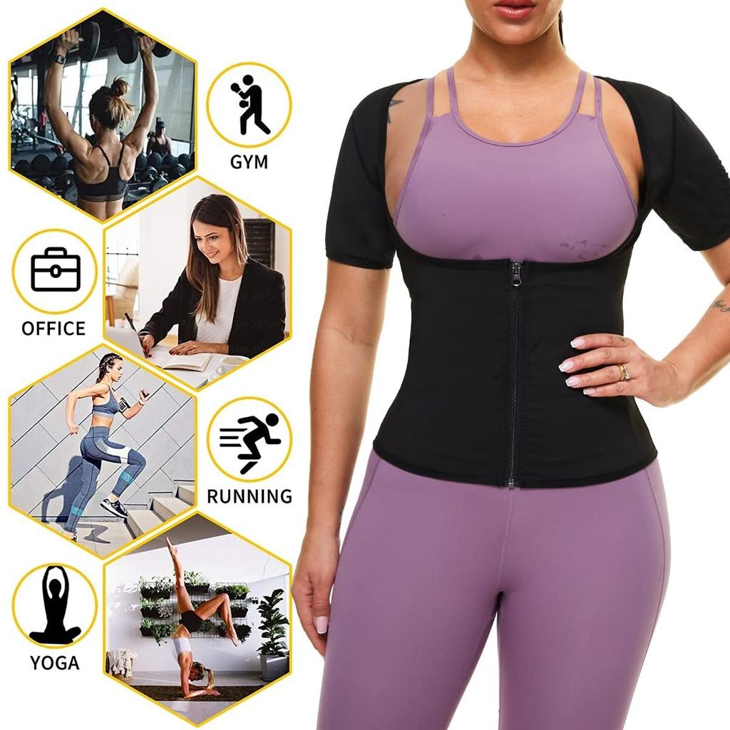 Women Sweat Vest Short Sleeve Waist Trainer Tops Zipper Compression Shirts Heat Trapping Sauna Suit Fitness Slimming Body Shaper Workout Cropped