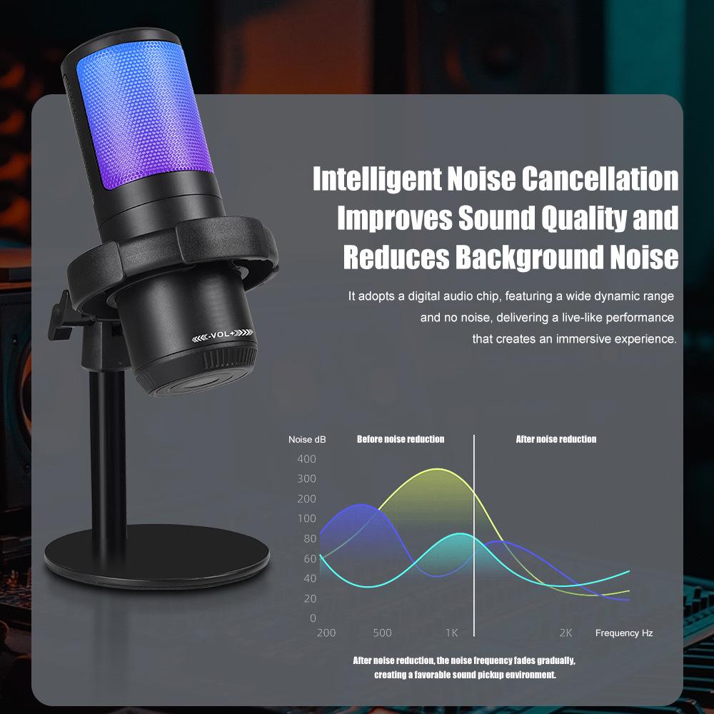 RGB USB Microphone with Desktop Boom Arm, One-Key Mute, Monitoring for Streaming, Gaming, Recording, KTV.