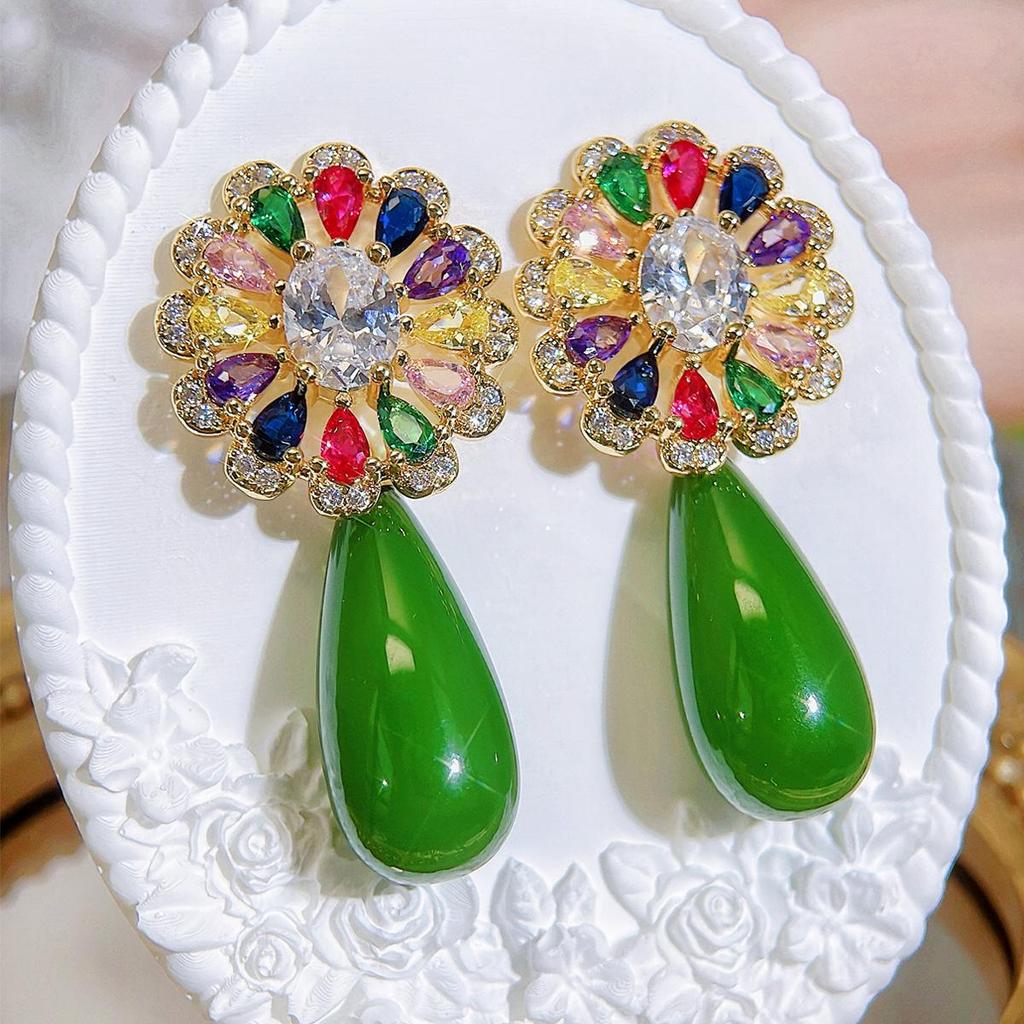 CMM Vibrant Multi Colored Cubic Zirconia Golden Embellished Floral Earrings with Stunning Green Teardrop Drops A Fashion Statement for Every Occasion