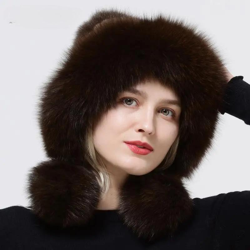 Шапки из натурального норкового меха, вязаная шапка с ушками, теплая снежная пушистая женская шапка из лисьего меха, роскошная женская шапка на открытом воздухе