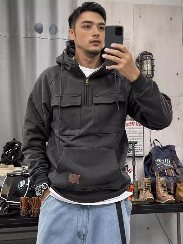 Retro Multi-Pocket Men's Hooded Sweatshirt - Youth Sports Motorcycle Style Jacket