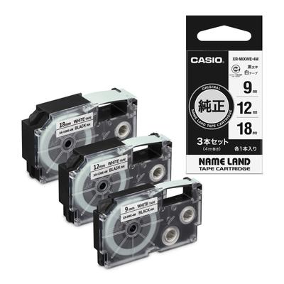 Оригинальная лента для этикеток Casio Nameland Label Writer 9 мм 12 мм 18 мм, набор из 3 шт. XR-MIXWE-4M, черные буквы на белом фоне