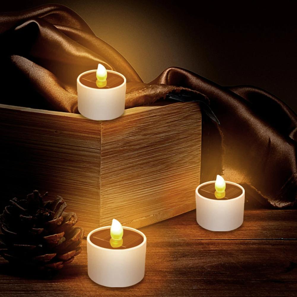 6 шт. Светодиодные свечи-таблетки на солнечной батарее, беспламенные, водонепроницаемые для улицы, перезаряжаемые свечи для вечеринки, сада, домашнего декора