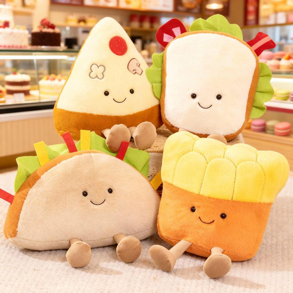 Cute Anime Food Doll Character Bread Plush Toy - Stuffed Soft Toy of Sandwich Pizza Taco French Fries for Kids Gift