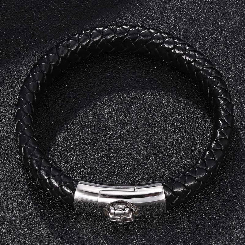 Fashion Man Jewelry Braided Leather Bracelet Skull Head Bracelet Stainless Steel Clasps Male Wrist Band Gifts