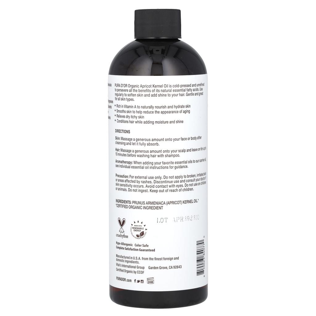Pura D'Or, Organic Apricot Oil, 473 Ml (16 Fl Oz)