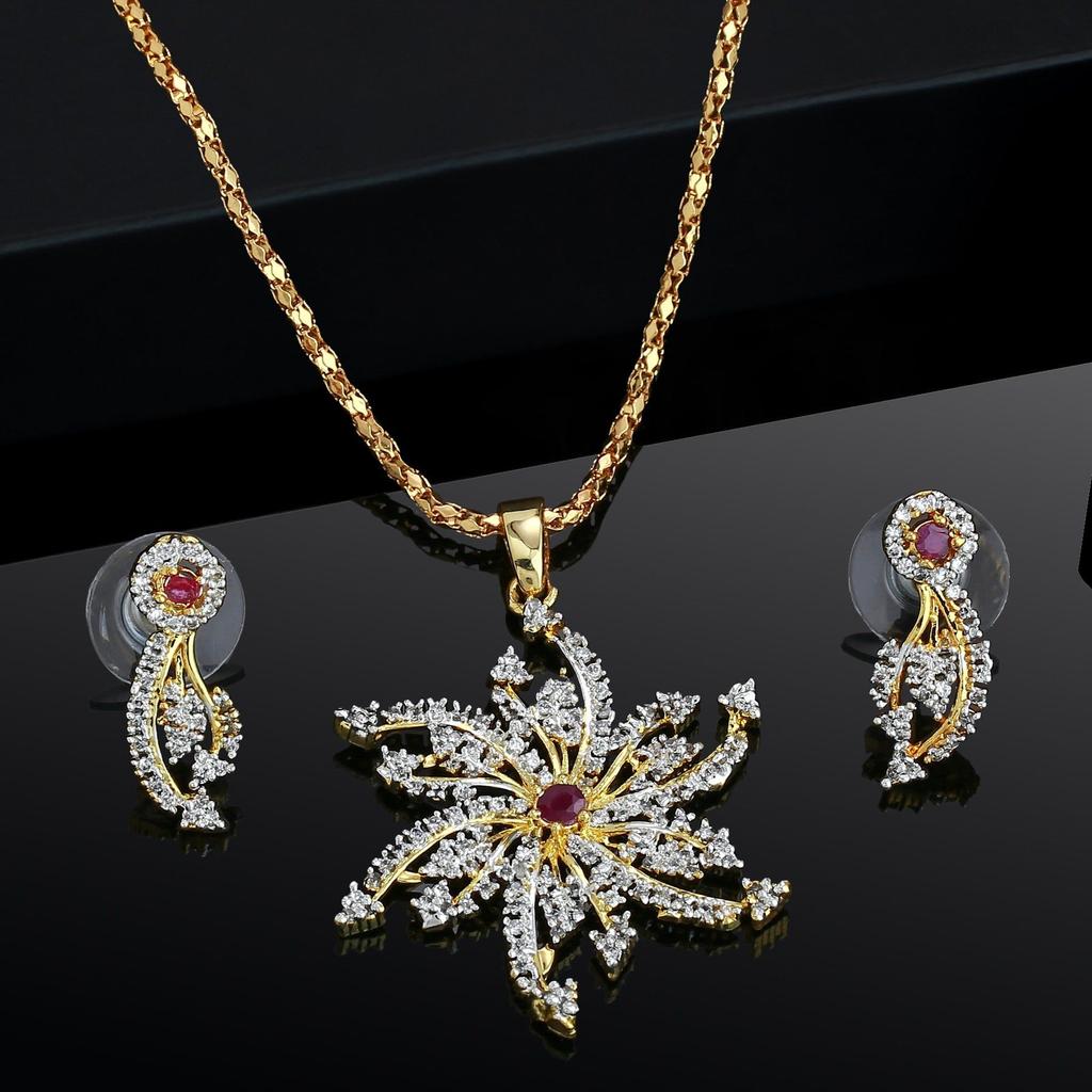 Estele Flower Pendant with 24K Gold Plated, Austrian Crystals and Rubies