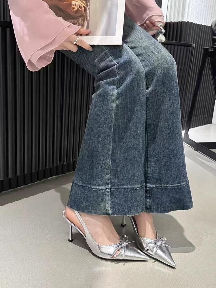 Босоножки с заостренным носком и бантом, весна-лето 2025, новые туфли на французской шпильке со средним каблуком, туфли на высоком каблуке