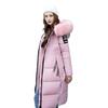 Winter Women Cotton Jacket with Furry Hood Long Sleeves Pockets Heat Retention Knee Length Zip-up Padded Coat Solid Color Windproof Outwear Parka