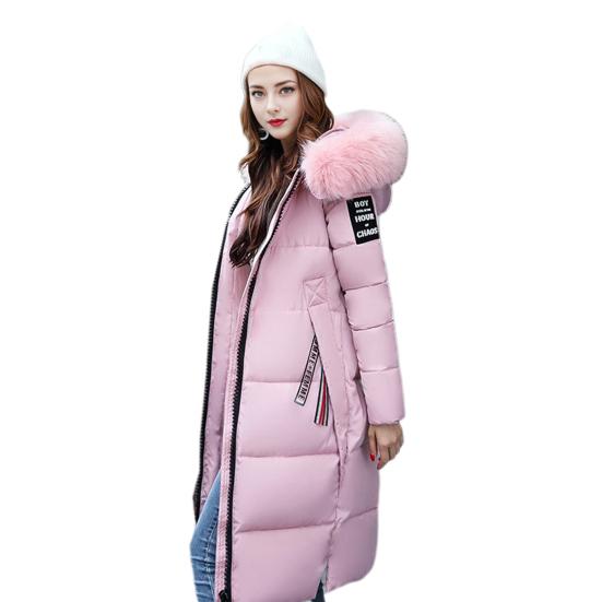 Winter Women Cotton Jacket with Furry Hood Long Sleeves Pockets Heat Retention Knee Length Zip-up Padded Coat Solid Color Windproof Outwear Parka