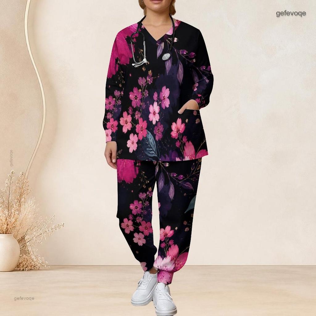 Women Plus Size Black Pink Floral Printed Nurse Scrub Set V Neck Long Sleeve Pockets Top Long Pants