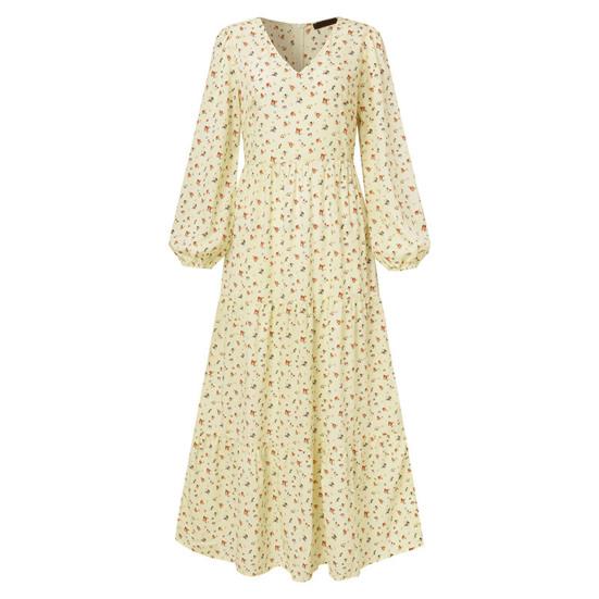 Платье с V-образным вырезом и цветочным принтом, трапециевидной формы, свободный подол, пуловер с длинными рукавами-фонариками, плиссированное женское платье макси с высокой талией