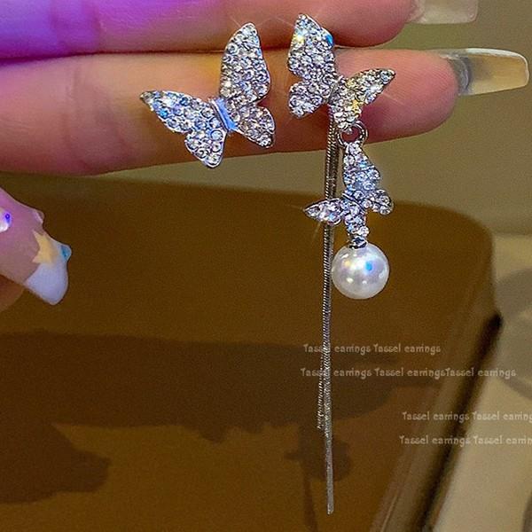 New Super Fairy Pearl Butterfly Earrings Women's Silver Needle Asymmetrical Long Fringed Earrings Earrings
