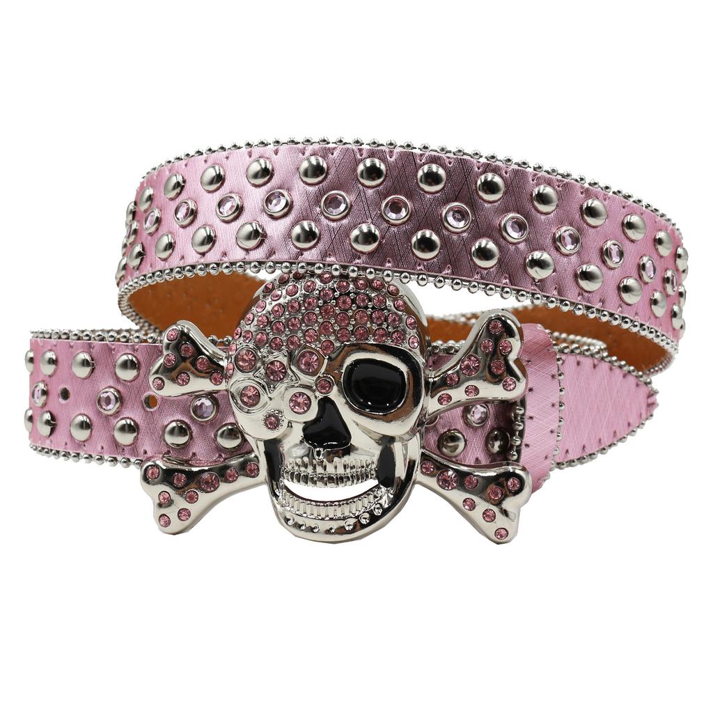 Snake Pattern Diamond Skull Belt Pin Buckle Retro Rhinestone Men and Women Denim Belt Fashion Hip-hop Punk Outfit
