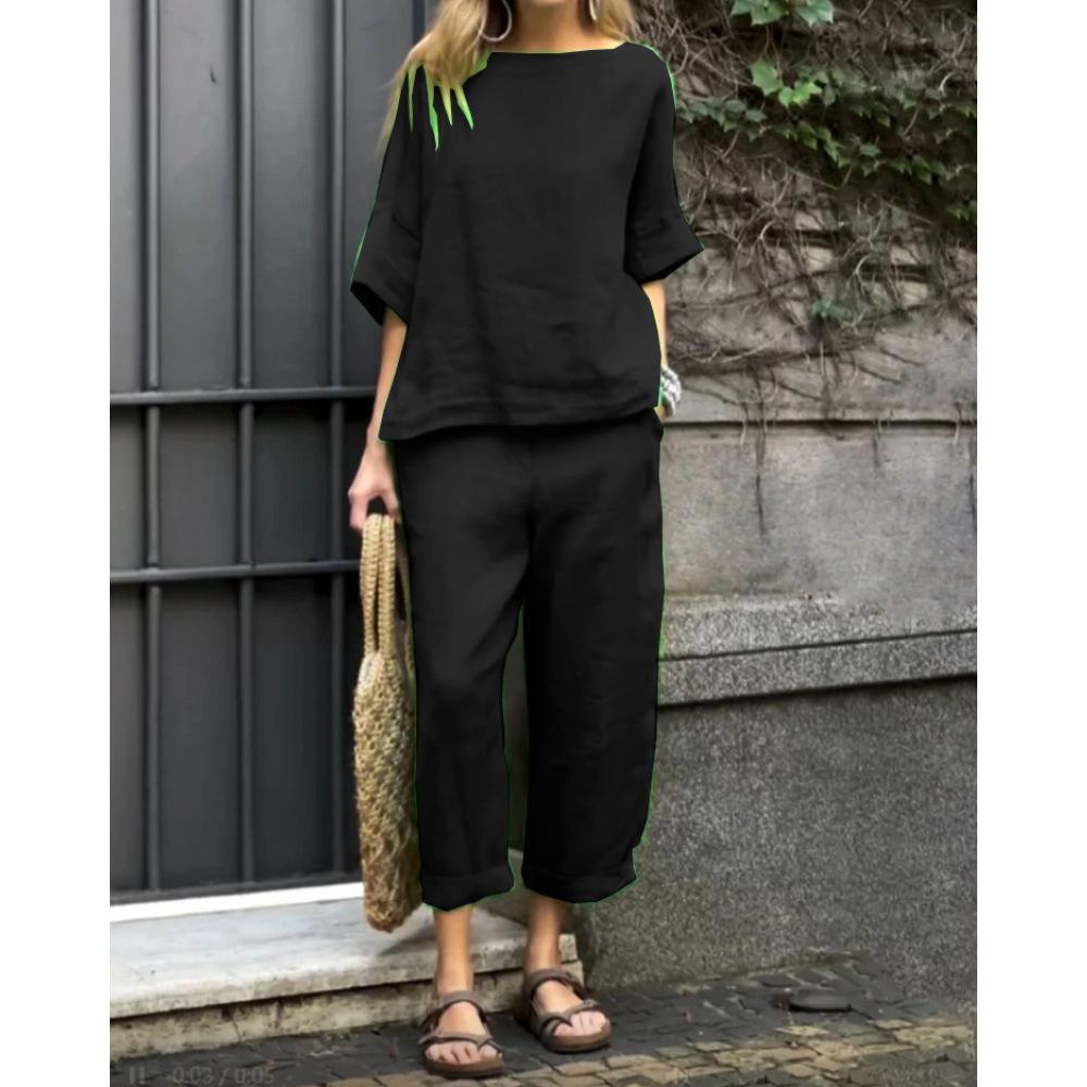 Женский комплект из хлопка и льна, весенне-летний однотонный повседневный топ с круглым вырезом и брюками со средними рукавами, комплект из 2 предметов