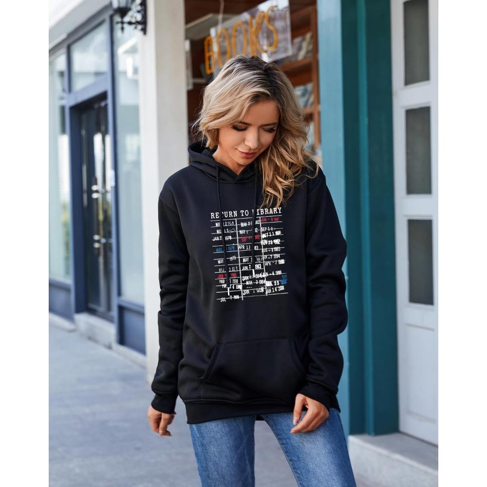 Return To Library Hoodie Return To Library Sweatshirt Vintage Casual Book Lovers Reader Pullover Hooded Long Sleeve Top