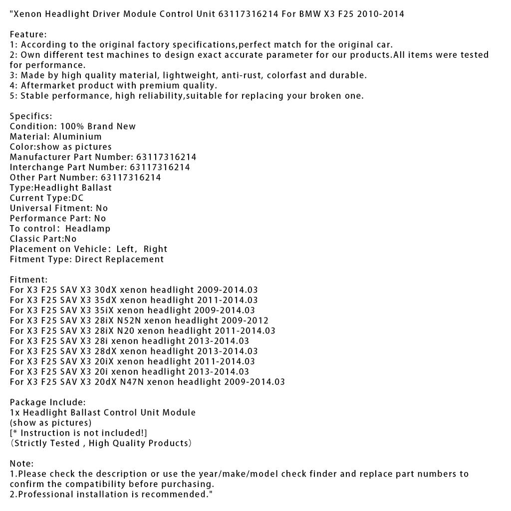 Блок управления модулем ксеноновой фары 63117316214 для BMW X3 F25 2010-2014