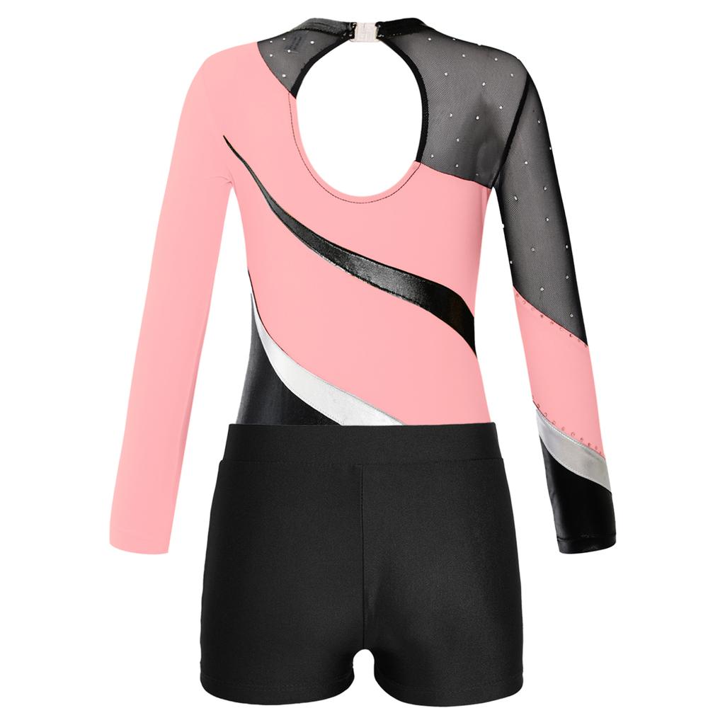 Kids Girls Gymnastics Leotard Glitter Bodysuit Long Sleeve Shiny Rhinestones Decorated Jersey with Shorts Dance Costume