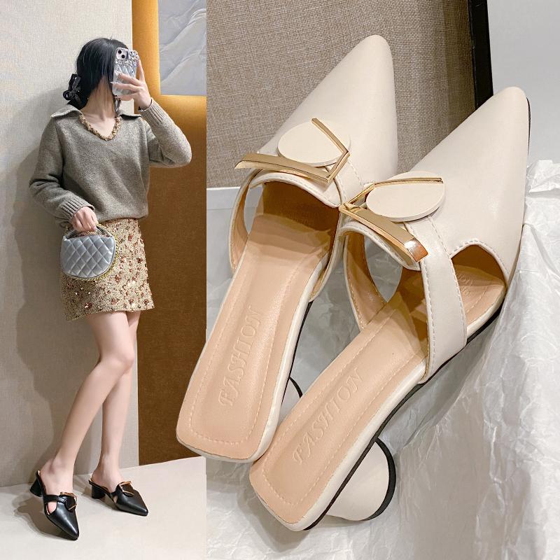 Высокий каблук с острым носком, женская весенняя новая модная верхняя одежда в стиле Baotou, тапочки на толстом каблуке, обувь Muller